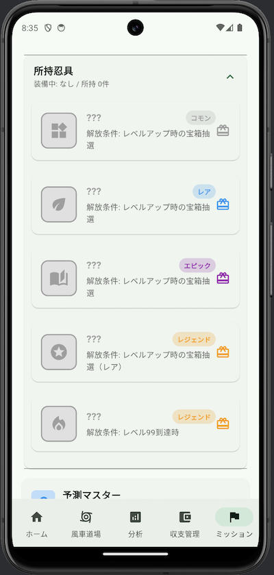 レベルとアイテム要素の画面